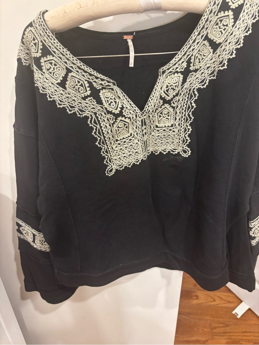 Free People Black Sweatshirt with Cream Embroidered V-Neck